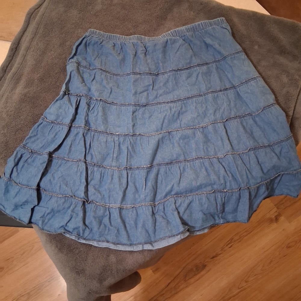 Y2K Metrowear Denim Ruffle Skirt Womens PXL Blue Tiered Elastic Waist Chambray